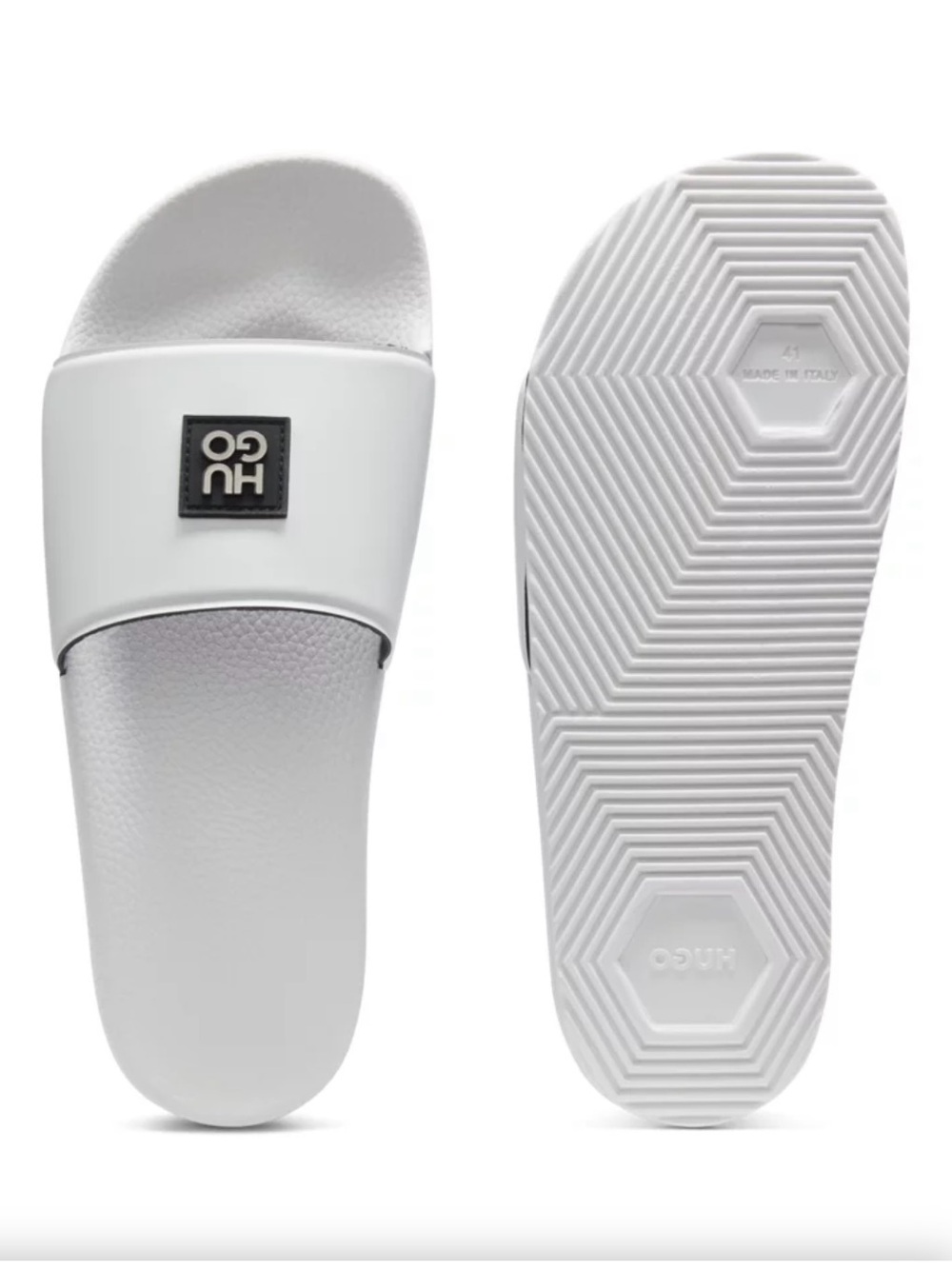 HUGO White Men's Slide Sandals with Black Stacked Metal Logo Patch NWT